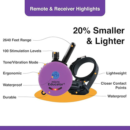 Educator ME-300 Micro E Collar for Dog Training with Remote - 1/3 Mile Range, Waterproof, 100 Blunt Stimulation Levels, Tone or Vibration Mode, Night Tracking Light for Small, Medium & Large Dogs