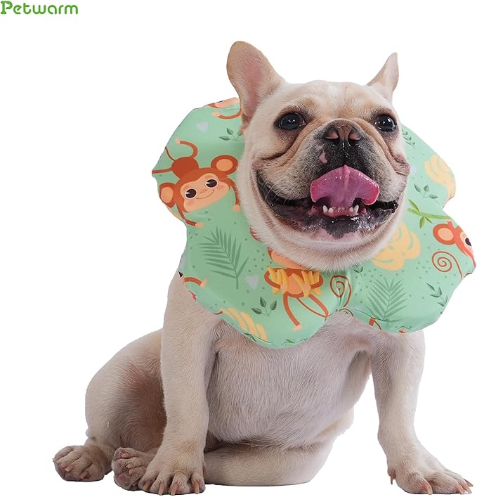 PetWarm Recovery Collar for Dogs, Dog Recovery Collar, Lightweight Pet Neck Protector with Memory Foam Padding, Gentle No-Lick Flower Design for Calm Rest and Travel, Monkey Print, Green, L