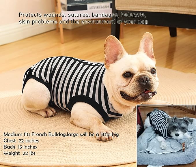 Dog Recovery Suit,Surgery Female Male Dog Shirt,Spay,Neuter Recovery Clothes,Zipper Closure Cotton Striped Wounds Protect Suit,Black Striped XS