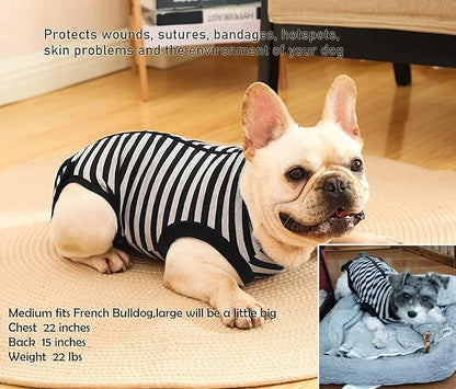 Dog Recovery Suit,Surgery Female Male Dog Shirt,Spay,Neuter Recovery Clothes,Zipper Closure Cotton Striped Wounds Protect Suit,Black Striped XS