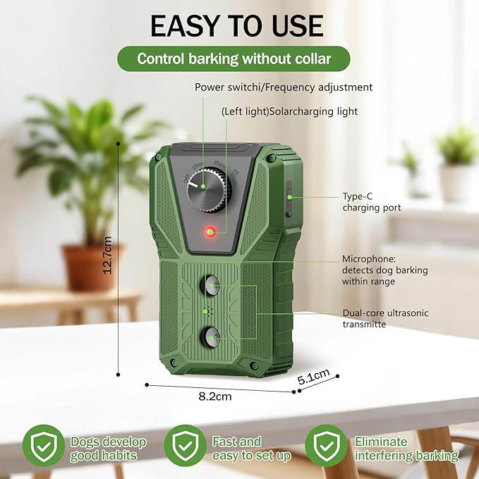 QHZ Solar-Powered Ultrasonic Bark Deterrent Device Solar and USB Charging Three-Mode Ultrasonic Bark Control Unit Suitable for Home/Garden/Farm Waterproof Outdoor Dog Bark Control Device (Green)