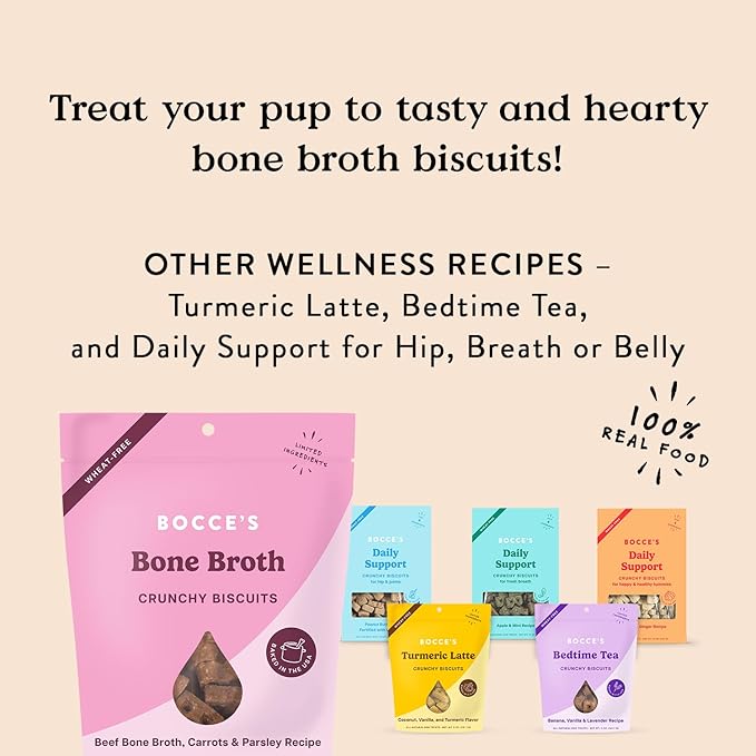 Bocce's Bakery Oven Baked Bone Broth Treats for Dogs, Wheat-Free Everyday Dog Treats, Made with Real Ingredients, Baked in The USA, Natural Biscuits, Beef Bone Broth, Carrots, & Parsley, 5 oz
