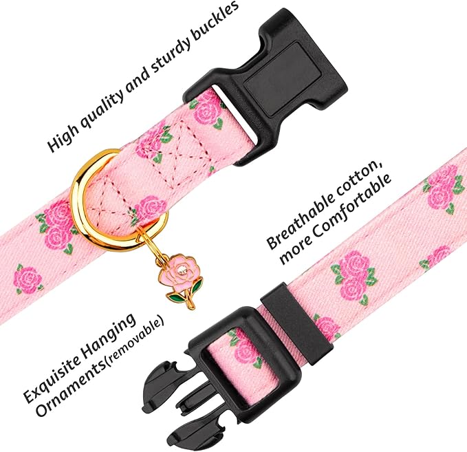 Cotton Handmade Dog Collar Cute and Distinctive Patterns Pink Rose with Pendant for Girl Boy Dogs Collars M