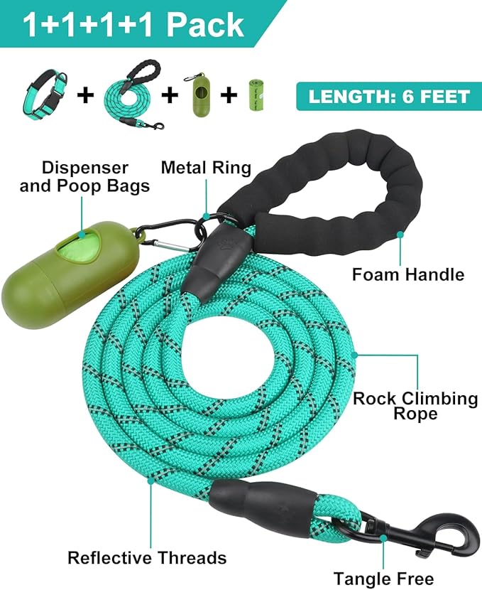 Dynmeow Reflective Dog Collar and Leash Set, 6FT Strong Climbing Rope Leash with Padded Handle, Adjustable Pet Collar with Soft Neoprene Padding for Small Medium Dogs, Teal, S
