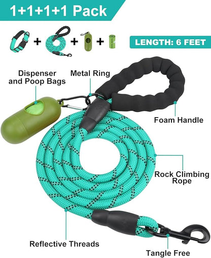 Dynmeow Reflective Dog Collar and Leash Set, 6FT Strong Climbing Rope Leash with Padded Handle, Adjustable Pet Collar with Soft Neoprene Padding for Small Medium Dogs, Teal, S