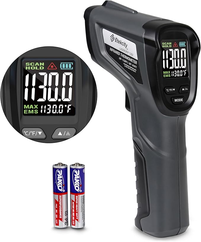 Etekcity Temperature Gun Infrared Thermometer -58°F 1130°F, Digital Laser Heat Gun with Adjustable Emissivity & Max Measure for Pizza Ovens, Griddles, Meat, Refrigerators, Engine, HVAC, Kitchen & Pool