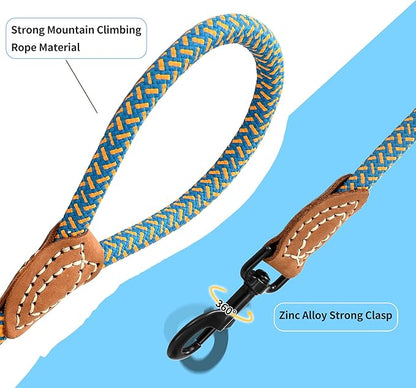 Mile High Life Rope Leash with Genuine Leather Connection, 6 FT/5 FT/4 FT, Heavy Duty Dog Leash for Medium & Large Dogs (Peacock Blue, 60Inch)