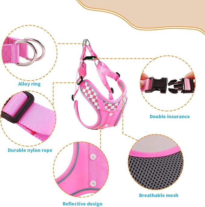 Fashion Lovely Dog Harness with Leash Set, No Pull Adjustable Step in Collars Frenchie Harness Vest for Medium Dogs Training and Running (M Pink)