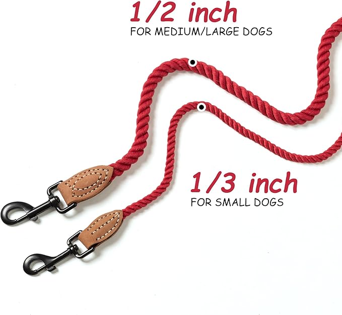 Mile High Life Dog Leash, Braided Cotton Rope Leashes with Leather Tip - Heavy Duty Metal Clasp, 4FT, 1/3" Thick - Wedding, Walking Leash for Small Medium Puppy(Red)