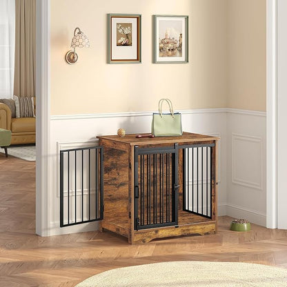 Hzuaneri 27.2" Dog Crate Furniture with Barn Door, Heavy Duty Dog Kennel Indoor with 2 Doors, Wooden Pet Cage End Table for Small Medium Dogs up to 22 lb, Anti-Chew Anti-Escape, Rustic Brown DFC84301B