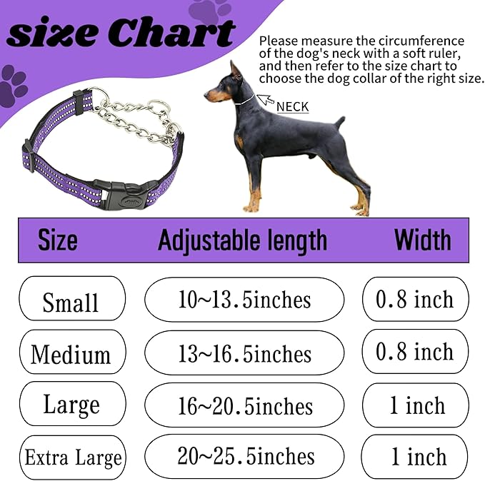 Martingale Dog Collars, Reflective Nylon Collar with Stainless Steel Chain, Adjustable Walking Training Dog Collars with Quick Release Buckle, Suitable for Small Medium Large Dogs(Purple,S)