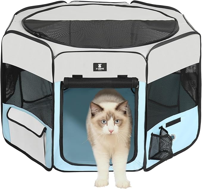 X-ZONE PET Dog Playpen Portable Pet Play Pens for Puppies, Cat, Rabbit, Chicks, Foldable Exercise Play Tent Kennel Crate, Indoor/Outdoor Travel Camping Blue Large