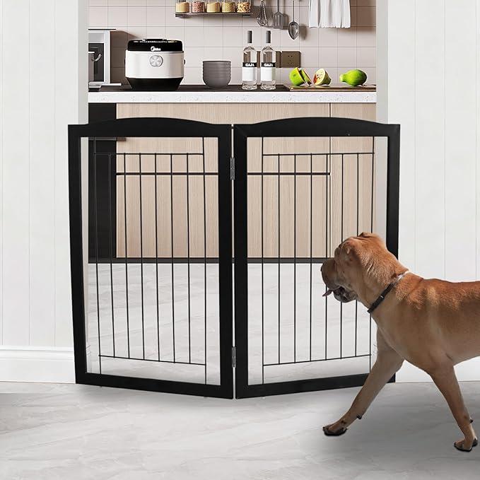 ZJSF Freestanding Foldable Dog Gate for House Extra Wide Wooden Indoor Puppy Gate Stairs Doorways Pet Gate Tall Dog Fence 2 Panels Fence Black