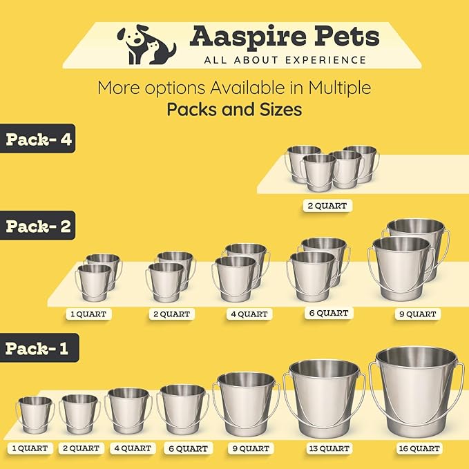 9 quart Heavy Duty Stainless Steel Round Bucket with Handle 2Pcs | 2.25gal Sturdy Food & Water Bowl for XL Dog Goat Sheep Horse & Livestock | Fits kennel Crate Farm | Hanging Utility Pail