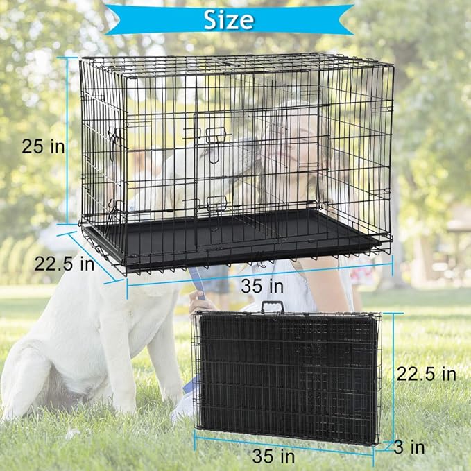 Folding Dog Crate 36" Metal Portable Outdoor Double Door Wire Large Cat Pet Dog Cage Kennel with ABS Tray LC & Divider, Black