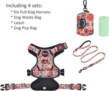 Petmolico No Pull Dog Harness Set with Leash Attachment Easy Control Handle Reflective Harness Vest Small Breed, Puppy Vest and Leash Set with Poop Bag Holder, Small - Boho Floral