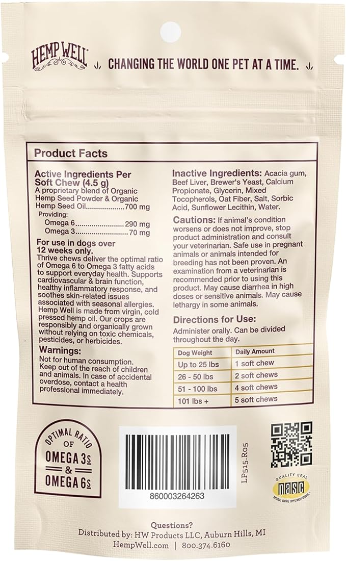 Hemp Well Thrive Chews for Dogs – Support Hip, Joint, and Heart Health, Promotes Immune and Skin Health, Organic. – 8 Count