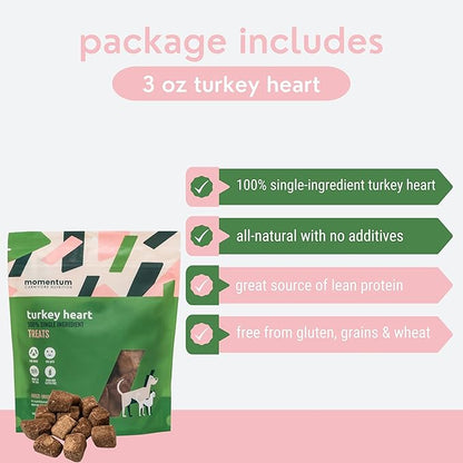 Momentum Carnivore Nutrition Freeze-Dried Turkey Heart Dog Treats & Cat Treats – Single-Ingredient, High-Protein, Grain-Free, Lean & Easily Digestible – Made in USA – 3 oz Bag