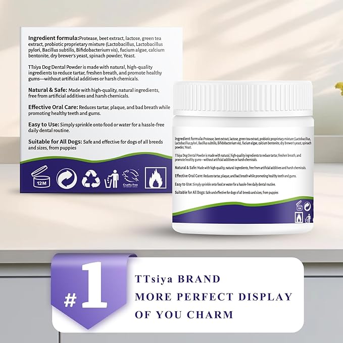 Dog Dental Cleaning Powder - Probiotic Dental Care freshens Breath, Controls Plaque, and removes Tartar.for All Dog Breeds.100g