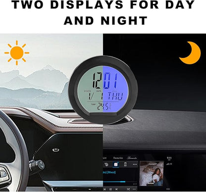 Car Digital Thermometer Clock, Battery Powered Mini Dashboard Clock with Date & 12/24 Hour Format Time, Adhesive LCD Display Watch with Backlight for Vehicle Office Home