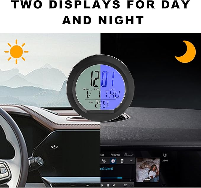 Car Digital Thermometer Clock, Solar Powered Mini Dashboard Clock with Date & 12/24 Hour Format Time, Adhesive LCD Display Watch with Backlight for Vehicle Office Home