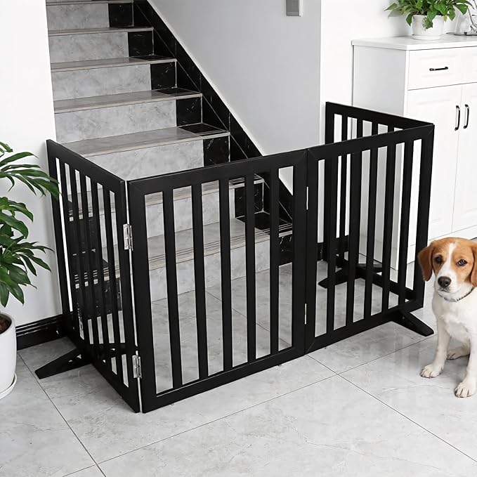Dog Gate Indoor, Freestanding Dog Fence for The House, Doorways, Hallways,or Stairs,Pet Gate Foldable Wooden,Expandable 24" Height 6 Panels,Black