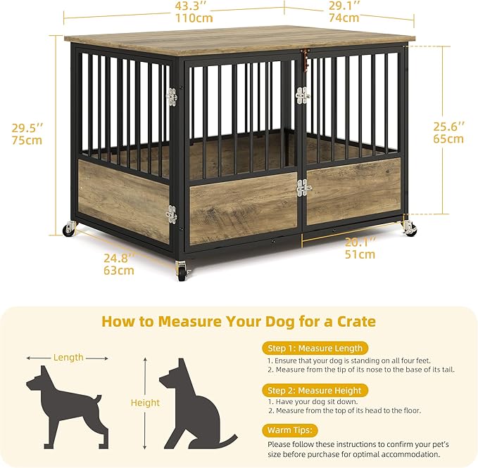 DWVO Dog Crate Furniture with Wheels, 43 Inch Dog Kennel Indoor Furniture End Table Dog Crate for Dogs, Farmhouse Decorative Wooden Dog Cage Table with Double-Doors, Chew-Resistant, Greige
