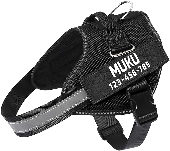 MUMUPET Custom Dog Harness Vest with 2 Personalized Name & Phone Patches, No Pull Reflective Adjustable with Handle, Soft Breathable Padding for Medium Dogs (Black, M)