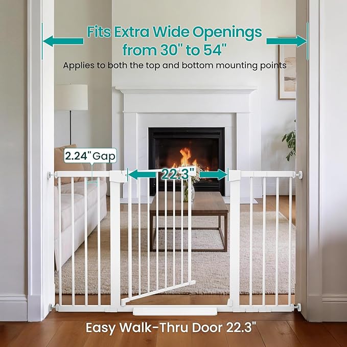 Cumbor 2 Pack 30-54" Baby Gate for Stairs, Dual Lock & Self-Closing Dog Gate for Doorways, Easy Install Pressure Mounted Pet Gates Indoor, Easy Walk Thru Wide Safety Proofing for Babies & Pets, White