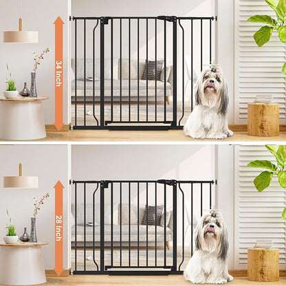 34" Extra Tall Baby Gate for Stairs, Auto Close Stroller Friendly Dog Gate Indoor for Doorways, Pressure Mounted 29"-45" Wide Baby Gate, Easy Walk Through Gate for Children & Pets, Black