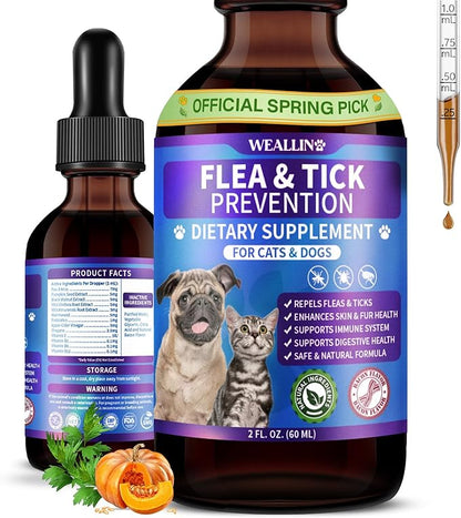 WEALLIN Flea and Tick Support for Dogs and Cats Natural Flea Treatment Drops with Multivitamin for Pets Oral Flea & Tick Prevention for Dogs and Cats Flea Herbal Drops for All Breeds and Ages