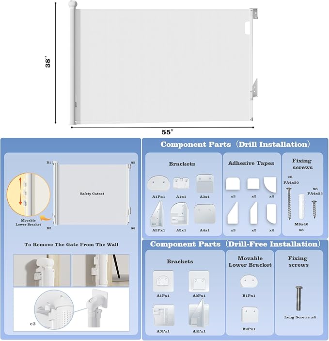 Retractable Baby Gate for Stairs Doorways - Extra Wide 55" No-Drill Pressure Mount OR Screw Mount, Space Saving Mesh Gate with No Bottom Bar Trip Hazard, for Indoor Outdoor Use with Kids, Dogs & Cats