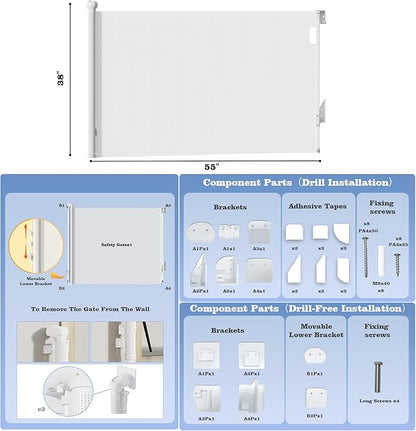 Retractable Baby Gate for Stairs Doorways - Extra Wide 55" No-Drill Pressure Mount OR Screw Mount, Space Saving Mesh Gate with No Bottom Bar Trip Hazard, for Indoor Outdoor Use with Kids, Dogs & Cats