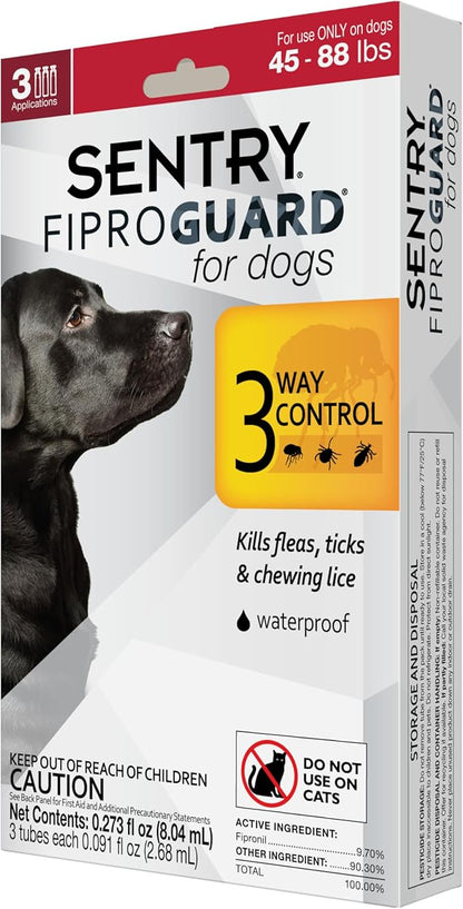 Sentry Fiproguard for Dogs, Flea and Tick Prevention for Dogs (45-88 Pounds), Includes 3 Month Supply of Topical Flea Treatments