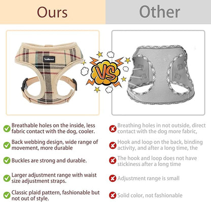 SCENEREAL Puppy Dog Harness with Leash Set for Small Medium Sized Dogs, Soft Mesh Pet Harnesses and Leash, No Chock Plaid No Pull Vest for Dogs Cats, Chihuahua,Bulldog (Beige S)