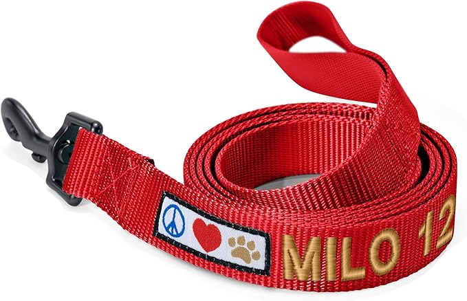 Pawtitas Personalized 6 ft Red Dog Leash M/L Custom Name and Phone Embroidery Strong Nylon Leash for Medium and Large Breeds