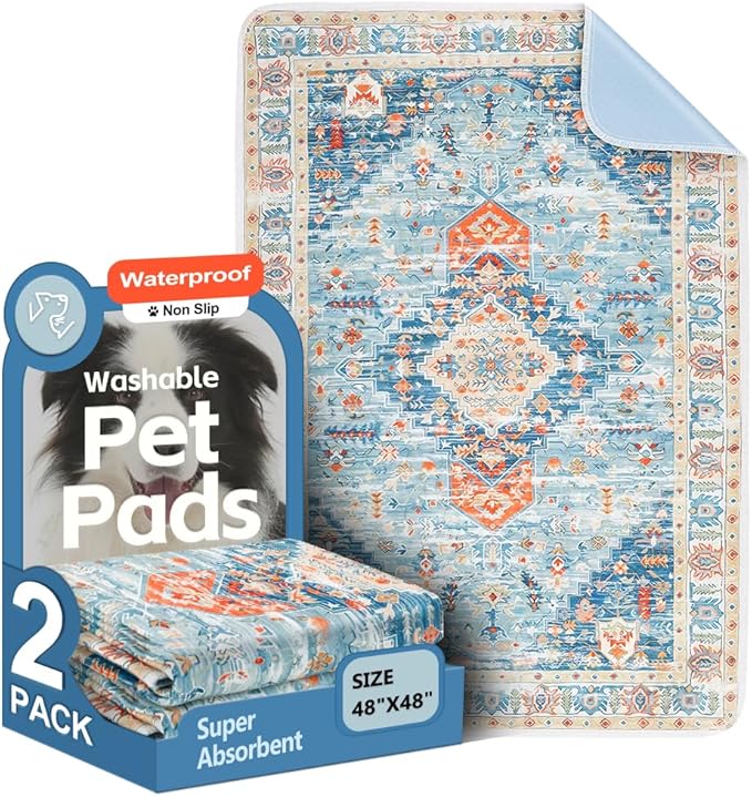 Washable Pee Pads for Dogs 2 Pack Reusable Puppy Training Pads 48"x48" Super Absorbent Waterproof Dog Training Pads, Non-Slip Potty Pads Whelping Pads Litter Mat Pet Supplies - Blue/Mix