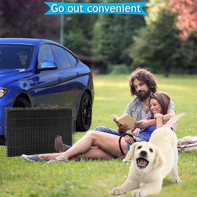 Dog Crate, Folding Portable Outdoor Large Two Door Metal Cat Dog Cage with ABS Tray LC Panel Floor Protecting Feet Wire Animal Pet Dog Kennel with Divider