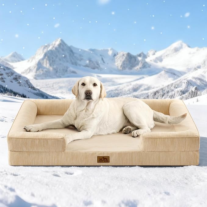 Cooling Dog Bed for Extra Large Dogs 44x32 inch, Q-Max >0.4 Summer Cool Orthopedic Foam Pet Sofa Bed with Sides, XL Size Bolster Anti-Slip Couch with Washable Removable Cover, Beige