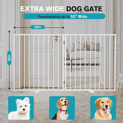 Snagle Paw Extra Wide Dog Gate,Free Standing Dog Fence with Door, Up to 52 Inch Wide Pet Gate with Support Feet for Stairs, Hallways, Doorways, Yard (White, 2 Panels)