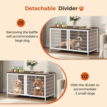 MAHANCRIS Dog Crate Furniture for 2 Dogs, 43.3" Dog Kennel with Removable Divider, Heavy Sturdy Dog Furniture Style Double Cage for Small Medium Dogs, Indoor Pet House End Table, White and Walnut