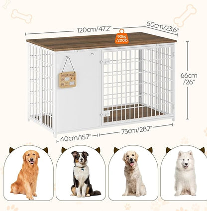 YATINEY Foldable Dog Crate Furniture, 47.2" Dog Crate with DIY Frame, Heavy Duty Dog Kennel Indoor with Hooks, Wooden Dog Cage End Table, for Small/Medium/Large Dogs, White DC120WH