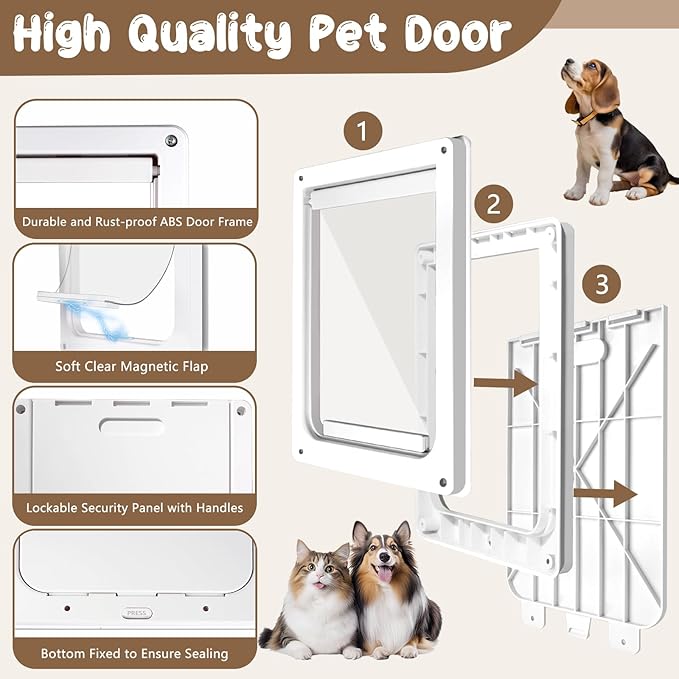 Never Rust Plastic Dog Door with Soft Clear Magnetic Flap and Snap-in Closing Panel, 12x14'' 2-Way Locking Pet Door for Doors and Walls up to 2.17'' Thick, Weatherproof Cat Door, Easy to Install (S)