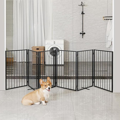 Metal Freestanding Dog Gates with Door for Outdoor Indoor,120'' Extra Wide 36'' Tall Free Standing Dog Gate for Doorways,Large Openings,Deck,Yard,Porch,Foldable Safety Pet Fence(Black,6 Panels)