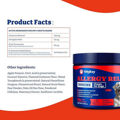 Dog Allergy Relief Chews – 70 Soft Chews, Turkey & Pumpkin Flavor - Immune Support & Itch Relief with Colostrum, Astragalus Root, 6-Strain Gut Health Blend