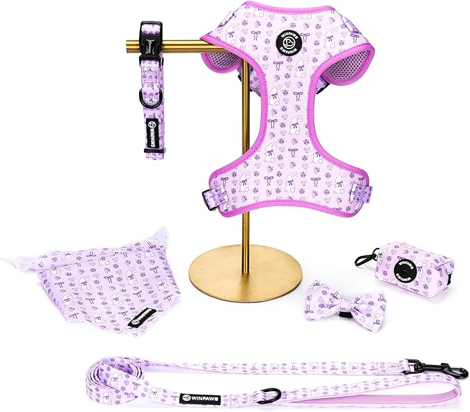 Dog Harness and Leash Collar Set with Dog Poop Bag Holder and Bandanas, Escape Proof Adjustable Puppy Cat Vest with Soft Mesh Padded, Pet Supplies for Small Medium Large Dogs Kitten(Purple, L)
