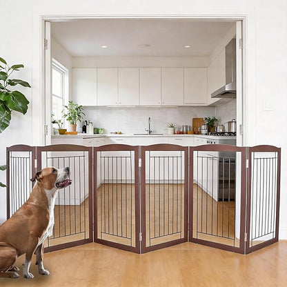 ZJSF Freestanding Foldable Dog Gate for House Extra Wide Wooden Brown Puppy Gate Stairs Dog Gates Doorways Tall Pet Gate 32 "Height 6 Panels Pet Fence