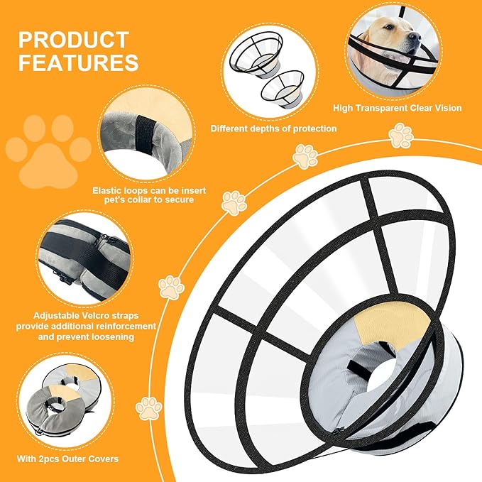 Sponge Core Dog Cat Cone Collar for After Surgery Recovery, Inflatable Dog Cone Alternative, Lainergie Dogs Donut Collar Adjustable with 2PCS Cover for Large Medium Small Dogs Cats (Grey+Yellow, XL)