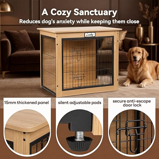 Oak Dog Crate Furniture with Reversible Side Door, Wooden Indoor Dog Kennel for Small Medium Dogs, End Table Dog Crate with Double Locks, Heavy Duty Steel Mesh Furniture Style Dog Cage