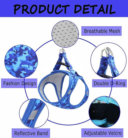 Moonpet Step in Boy Dog Harness Leash Set- All Weather Reflective No-Pull Padded Mesh Vest Harness for Cats Puppy Extra-Small Small Medium Large Dogs - Blue Camouflage - XL